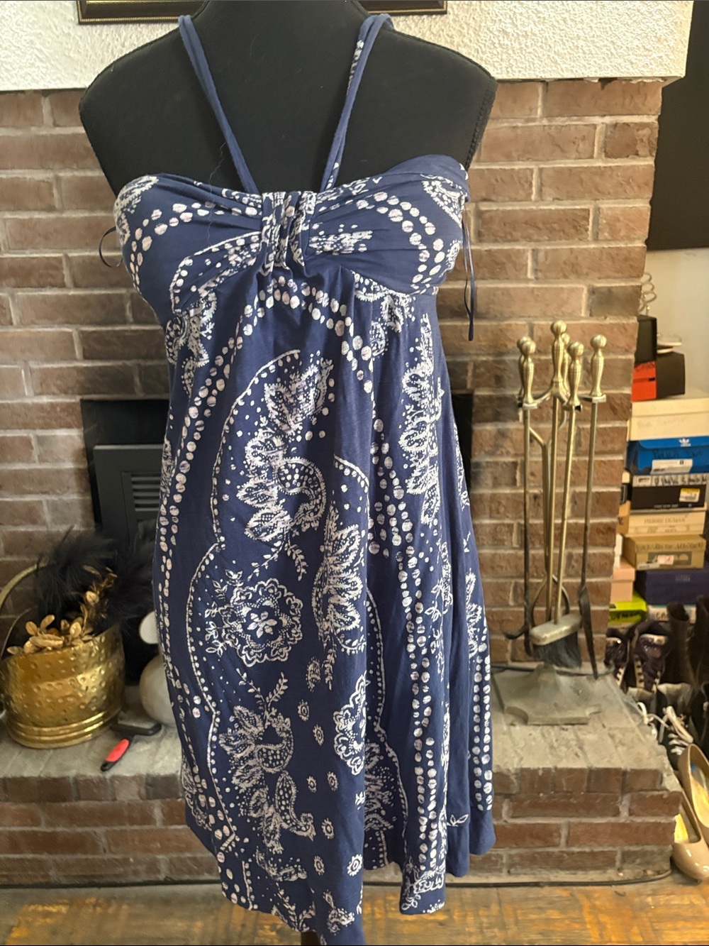 American Eagle Outfitters Navy and White Paisley Halter Mini Dress